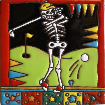 Fine Crafts Imports 6x6 Golfing. Day-of-The-Dead Clay Tile