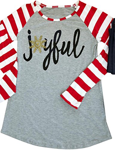 Women Christmas Joyful Snowflake T-shirt Top Stripe Sleeve Baseball Shirt size US 6/Tag Size M (Gray)