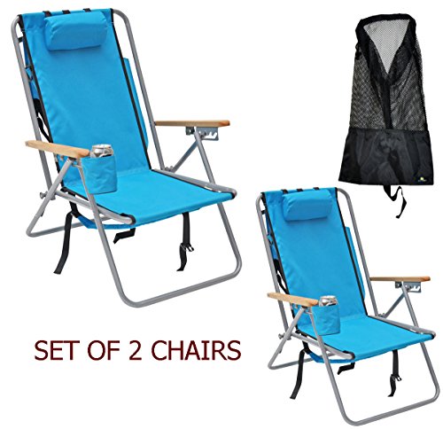 Rio Deluxe Steel Backpack Beach Chair/Camping Chair with Storage Pouch w Tall Mesh Drawstring Bag - Set of 2 Chairs