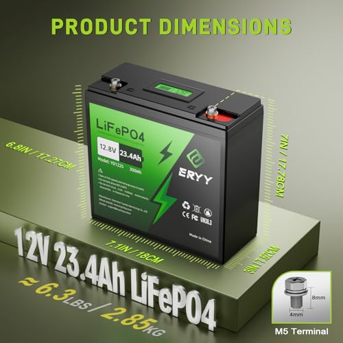 ERYY 12V 23.4Ah(30Ah) LiFePO4 Lithium Deep Cycle Battery With 30A BMS & Voltage Indicator, 12 Volt Battery Lithium Iron Phosphate for Fish Finder, Ham Radio, Solar, Lighting, Camping