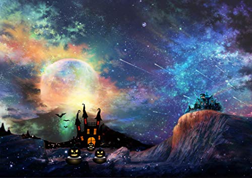 7x5ft Halloween Photographic Backdrops Full Moon Moonlight Backdrop Colorful Interstellar Planet Mysterious Castle Photography Background Party Decor Kids Portrait Photobooth Studio Props WSJ-148