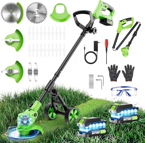 Cordless Weed Wacker with Wheels 4-in-1, 4000mAh Battery Powered Stringless Weed Eater, Brushless Grass Trimmer with 2 Batteries, 3 Blade, Adjustable Head, Lightweight Lawn Edger Brush Cutter