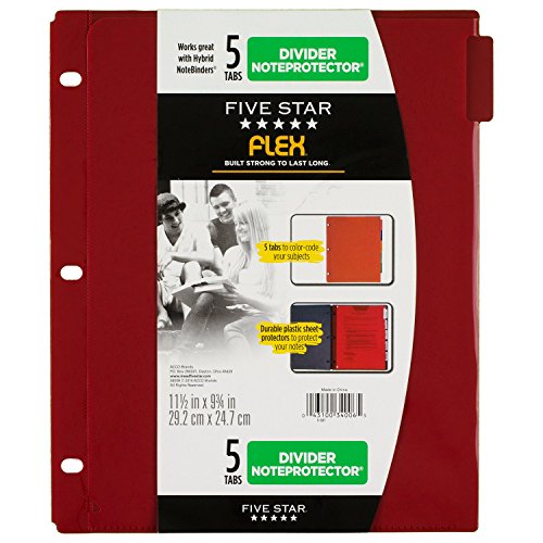 Five Star Binder Dividers, Flex, NoteProtector, 5 Tabs, Red, Cobalt