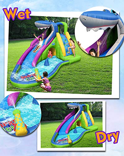 ACTION AIR Inflatable Water Slide, Shark Bounce House with Slide for Wet and Dry, Playground Sets for Kids Backyard, Water Spray & Water Pool, Durable Sewn with Extra Thick Material