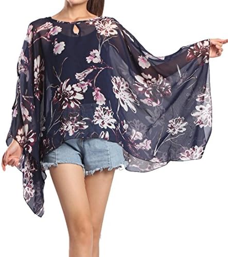 ZATOGOO Women's Bohemian Floral Print Chiffon Poncho Batwing Sleeve Loose Blouse Cover Up Top