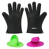 Heat Resistant Silicone BBQ Gloves Protective Oven Mitts Insulating Waterproof Safety for Outdoor Cooking, Barbecue Grilling, Household Use, Free Bonus Kitchen Pot Holder Finger Glove (2, Black)