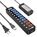 Powered USB 3.0 Hub, USB 3.0 Data Hub 11 Ports - 7 USB 3.0 Data Ports + 4 Smart Charging Port with Individual On/Off Switches and 12V/4A Power Adapter USB Hub 3.0 Splitter