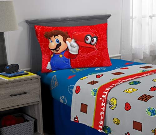 Super Mario themed bedding set including a pillow, sheet, and comforter.