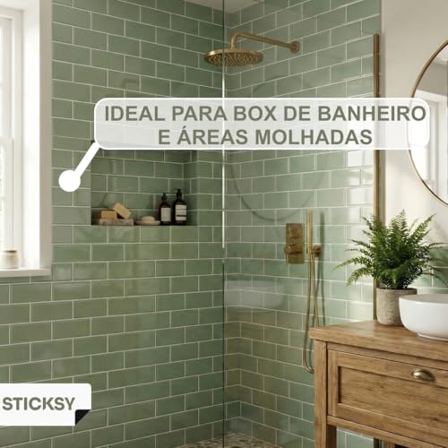 Placa Pastilha Adesiva Resinada 3D Sticksy Revestimento Decorativo Impermeável para Cozinha Banheiro (Verde Subway - 30,5 x 26 Cm)
