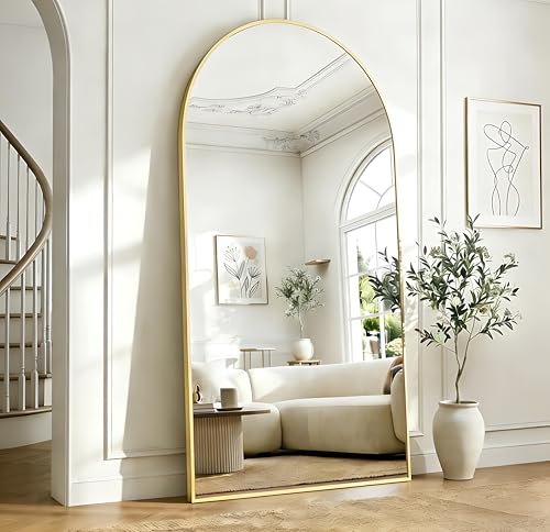 KOCUUY Bogen Standspiegel, 196 x 96 cm Großer Gewölbter Ganzkörperspiegel, Groß Wandspiegel mit Gold Aluminium Rahmen, Hängend, Stehend, Kippbar, für