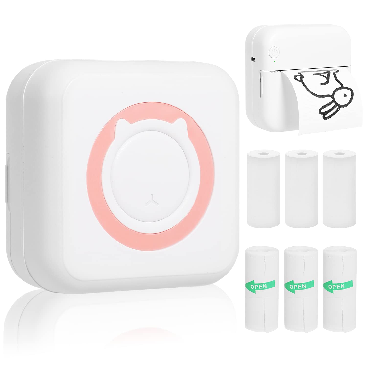 AURTEC Mini Thermal Printer,Portable Wireless Bluetooth Inkless Printer with 3 Rolls of Sticker and 3 Rolls of Thermal Paper,Compatible with Android/iOS,Pocket Printer for Memo,DIY,Photo etc.(Pink)