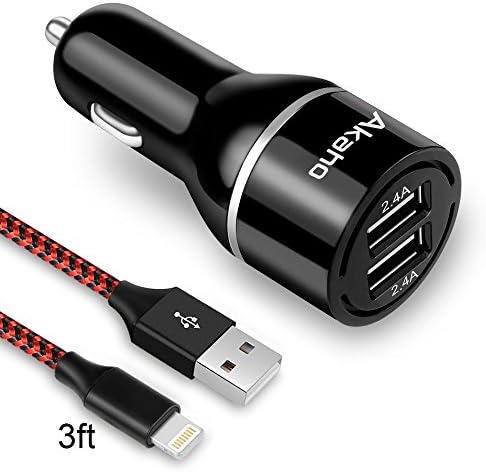 Akaho Car Charger,24W 4.8A Rapid Dual Port USB Car Charger Adapter +3FT Apple Lightning Cable Charging Cord for iPhone 7/7 Plus,6/6S/6 Plus/6S Plus,5S/5,iPad,iPod Nano 7(BlackRed)
