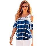 HANYI Elegant Shirt Lady Girls Summer Beach Fashion Sexy Print Lace Blouse Tops (L, Blue)