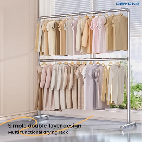 DAYONG Adjustable Garment Rack, Double Rods Industrial Clothing Rack, Sturdy Metal Clothes Rack Organizer, Portable Standing Clothes Garment Rack (160cm D x 50cm W x 180cmH)