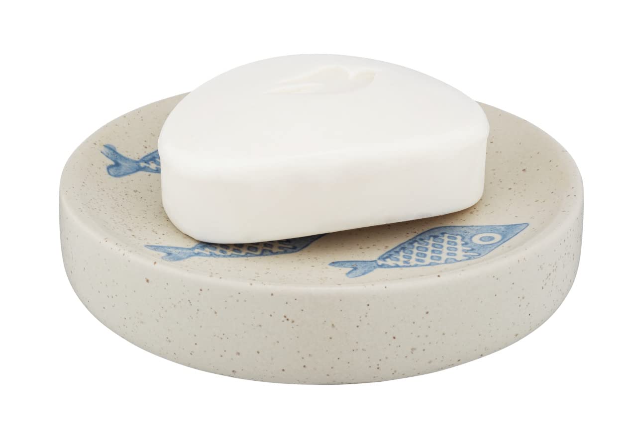 WENKO Soap Dish Aquamarine Soap Dish for Storage of Hand Soap Made of Elegant Ceramic in Matte White with Blue Maritime Scenery Hand-Painted Diameter 10 x 3 cm