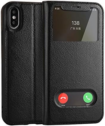 ERLI iPhone X Case, Cowhide [GENUINE LEATHER] + Ultraslim Flip Cover Case [Dual Smart Window View] + Magnetic Closure (Black)