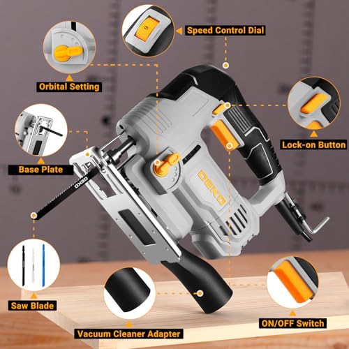 Electric Jigsaw: DEKOPRO 550W Wood Saw with 6 Variable Speeds from 800 to 3000 Cuts per Minute with LED Light, ±45° Inclined Cutting and 8 Blades for Wood, Metal and Plastic