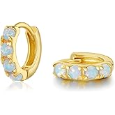 SILBERTALE 925 Sterling Silver Opal Hoop Earrings White/Blue/Pink/Green Opal Small Gold Plated Hinged Huggie Earrings 6/8/10mm