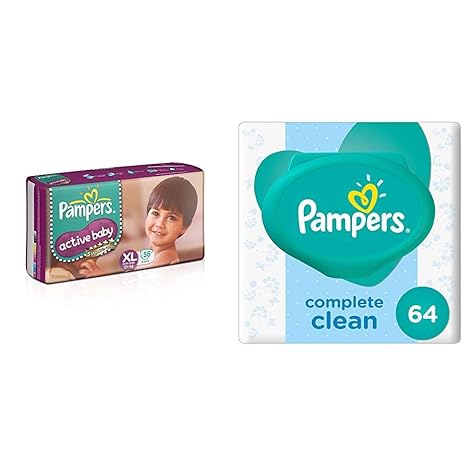 Pampers Active Baby Extra Large Size Diapers (56 Count) & Pampers Fresh Clean Baby Wipes (64 Count)