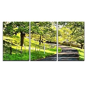 3 Piece Canvas Wall Art - Digital Painting of Road in a Public Park in Lush Surroundings with a Road Sign - Modern Home Art Stretched and Framed Ready to Hang - 16"x24"x3 Panels