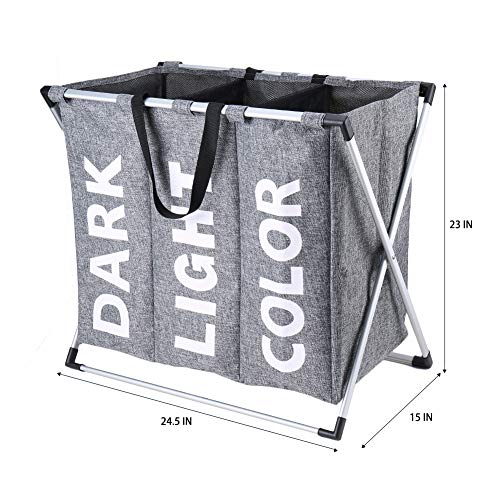 Hosroome 3 Sections Laundry Hamper Laundry Baskets with Aluminum Frame (24.5"x 15"x 23") Dirty Clothes Bag for Bathroom Bedroom Home College Use,Grey