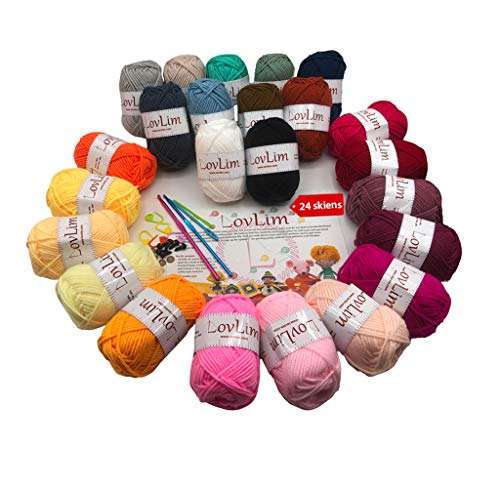 LovLim Crochet Yarn kit, 24 Soft Cotton Yarn skeins for Crochet and Knitting, 1800 Yards Craft DK Yarn, Free Crochet/Amigurumi Patterns, Perfect Starter kit