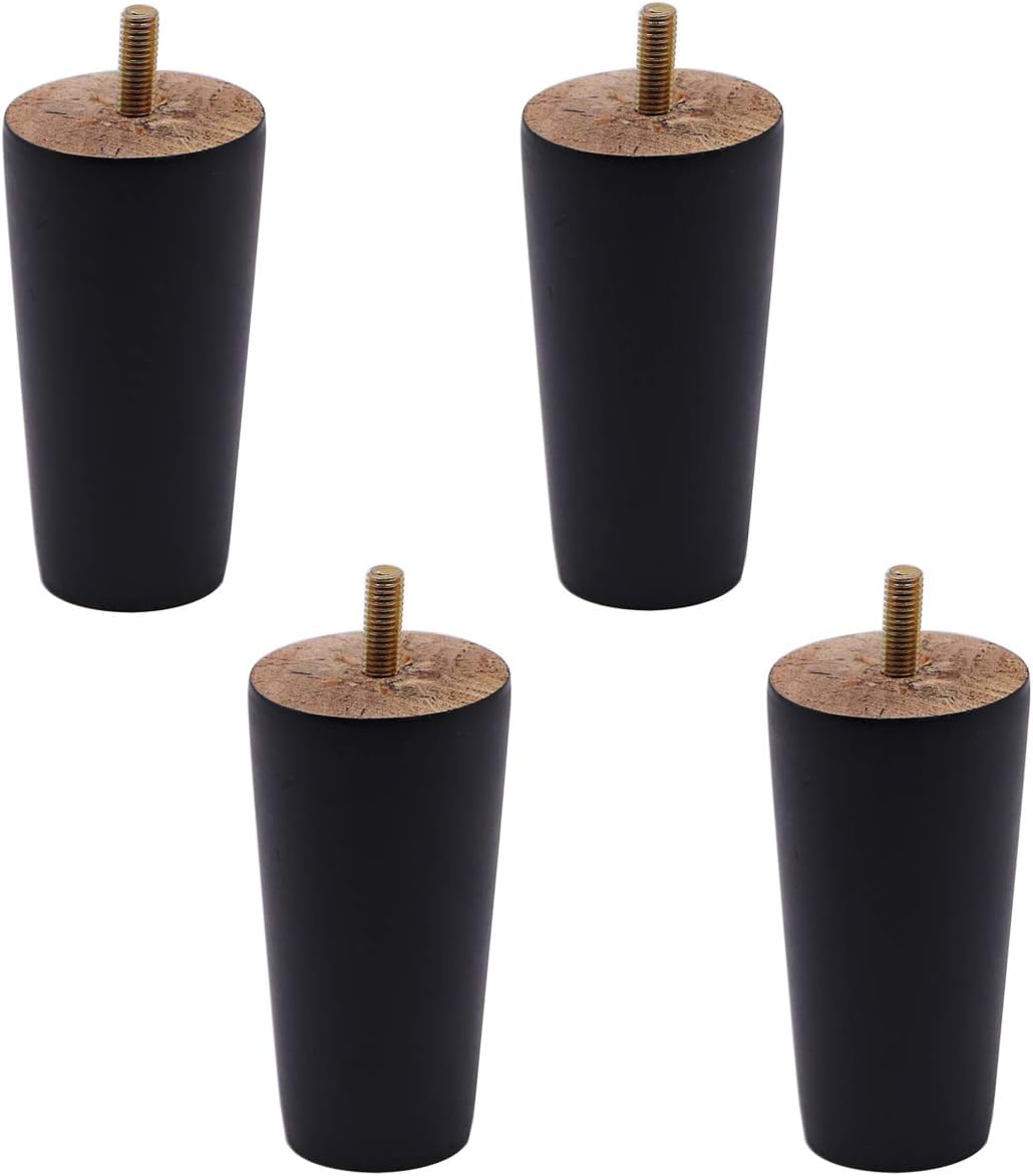 4 inch Black Solid Wood Furniture Sofa Legs Set - Oak Tapered Wooden Replacement Sofa Couch Bench Chair Coffee Table Cabinet Leg Furniture Feet with Pre-drilled 5/16 Inch Bolt - Pack of 4