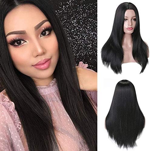 MISSWIG Natural Long Straight Synthetic Black Color Full Wig Heat Resistant Wigs for Women Party Wear 21 Inches With Free Wig Cap.
