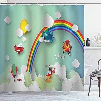 Amazon Kapanou 防水 シャワーカーテン 飛行機熱気球ヘリコプターフライングレインボーサニースカイハッピーベビーイラスト かわいいシャワーカーテン ユニットバス バスルーム 芸術の装飾 180cmx180cm バスフック付き 取り付け簡単 シャワーカーテン ホーム