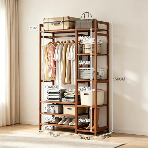 Perchero de Bambú Multiusos con 6 Niveles, Perchero para ropa Resistente con Barra para Colgar y Estantes de Almacenamiento, Adecuado para Dormitorio, Balcón y Lavandería,120 * 30 * 150CM（Marrón）