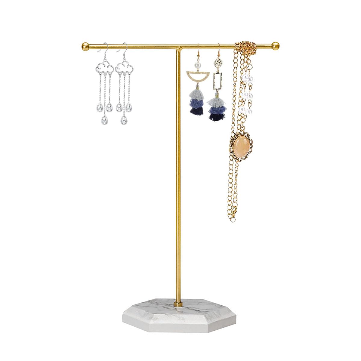 mkemka Gold Colour Jewelry Stand with Marble Pattern Tray Multi Functional Bedroom Dresser Display and Holder for Necklaces Earrings and More