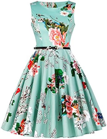 imimimomo Women's Vintage 1950's Floral Spring Garden Rockabilly Swing Prom Party Cocktail Dress (Ice Blue, XL)