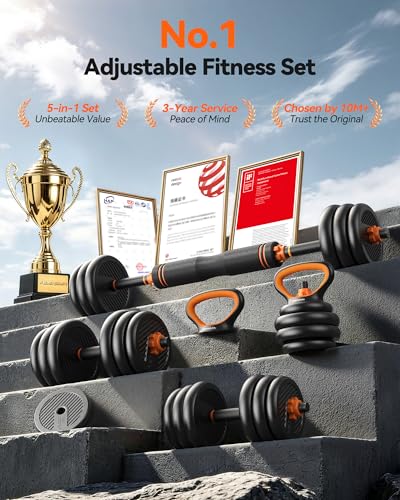 FEIERDUN Adjustable Dumbbells, 20/30/40/50/70/90lbs Free Weight Set with Connector, 5 in1 Dumbbells Set Used as Barbell, Kettlebells, Push up Stand, Weight Plate, Fitness Exercises for Home Gym