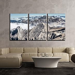 3 Piece Canvas Wall Art - Snow Mountain Peak with White Cloud on a Sunny Day - Modern Home Art Stretched and Framed Ready to Hang - 16"x24"x3 Panels