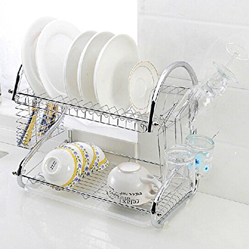 [- Popamazing 2 Tier Chrome Plate Dish Cup Cutlery Drainer Rack Drip Tray Plates Holder  -]