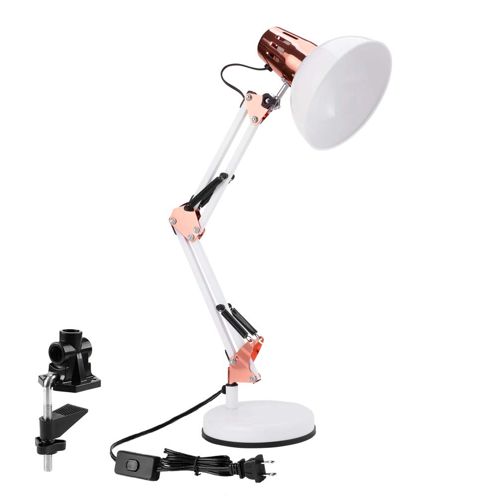 Photo 1 of PowerKing Metal Swing Arm Desk Lamps, Adjustable and Flexible,Feading with Base and Clip 2-in-1 Function, Fit E26&E27 Bulbs Base, Application in Bedroom Living Room, Office Home (White+Rose Gold)