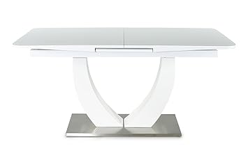 lifestyle4living Esstisch, Ausziehtisch, Säulentisch, Küchentisch, Esszimmertisch, Tisch, weiß, Hochglanz, Synchronauszug, Ed