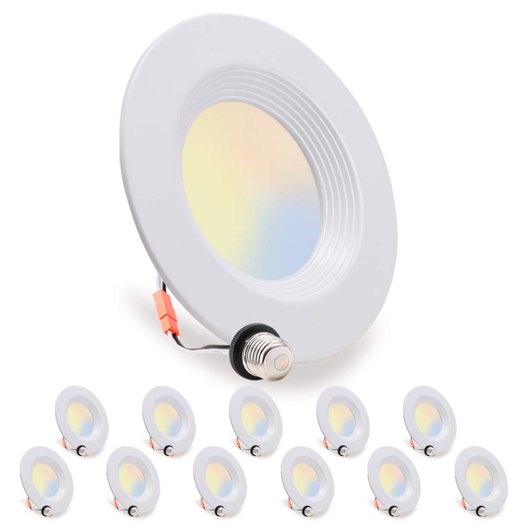 12 Pack, LED Recessed Lighting 5/6 inch Downlight, 10.5W=85W, Dimmable, Damp Rated, 5 Color Changing(Warm to Daylight), E26 Base, Simple Retrofit Installation, Energy Star & ETL Listed