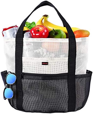 Mesh Beach Bags, Toy Tote Bag Extra Large 35L Oversized Pockets Grocery and Picnic Tote Bag with Zipper and 7 Pockets Pool Travel Shopping Bags Beach Essentials for Women and Men