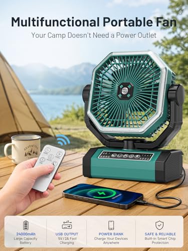 Portable Rechargeable Fan - 9-Inch Camping Fan for Tent, 24000mAh(60Hrs) Battery Operated Fan for Camping, Auto Oscillation Cordless Fans, Tent Fan with Remote/Light, 4 Speeds, 4 Timing, Outdoor