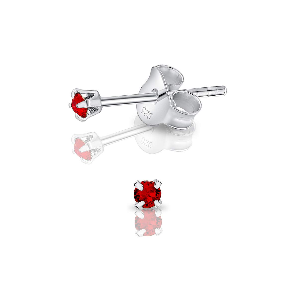 925 Sterling Silver Round Tiny Stud Earrings made with Glittering Crystals - Small Silver Studs Earrings for Woman - Diameter: 2 mm - Colour : Red Light Siam