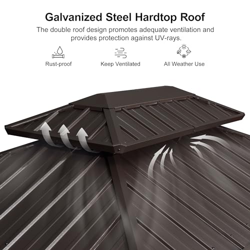 PURPLE LEAF 6' X 9' Hardtop Grill Gazebo for Patio Permanent Metal Roof with 2 Side Shelves Deck Yard Tent Aluminum Garden Outside Sun Shade Outdoor BBQ Canopy, Brown