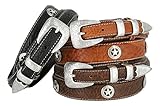 Western Silver Engraved Rodeo Star Ranger Genuine Leather Bison Belt for Men