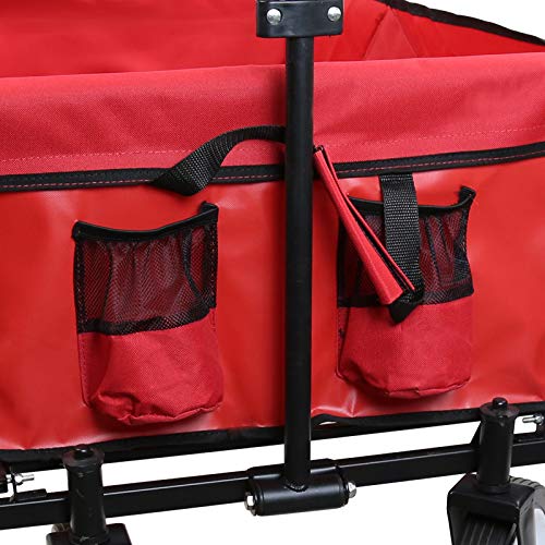 Collapsible Outdoor Utility Wagon with Top Canopy, Heavy Duty Folding Garden Portable Hand Cart, with Drink Holder, Suit for Shopping and Park Picnic, Beach Trip and Camping (Red w top) - Thumbnail 3