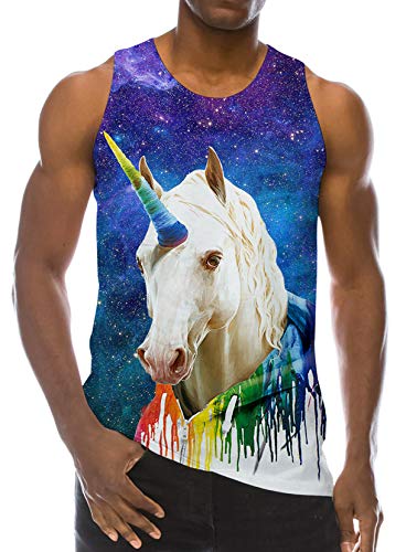 RAISEVERN Sport Gym Sleeveless Vest 3D Printed Realistic Galaxy Colorful Unicorn Pattern Underwaist Gym Tank Tops for Men