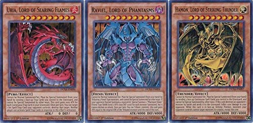Yugioh Sacred Beast GOD Cards: DUSA-EN096 Uria, Lord of Searing Flames (Ultra Rare), DUSA-EN098 Raviel, Lord of Phantasms (Ultra Rare) & DUSA-EN097 Hamon, Lord of Striking Thunder (Ultra Rare)