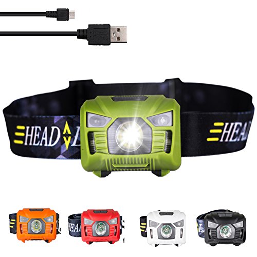 Three trees Sensor Brightest LED -With Red Light Rechargeable Headlamp Flashlight for Kids Men and Women ,Wate