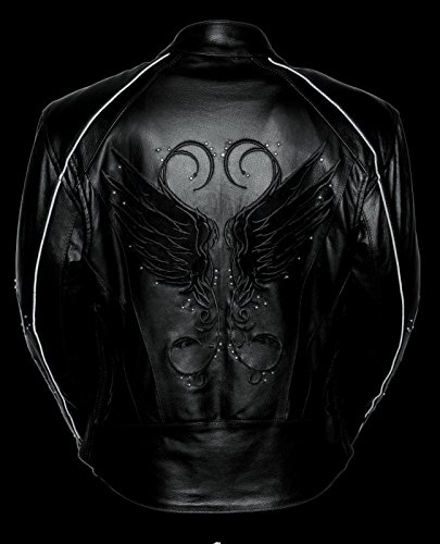 Motorcycle women's biker blk Wing detailing and studed leather Gun pocket jacket ( XL Regular)