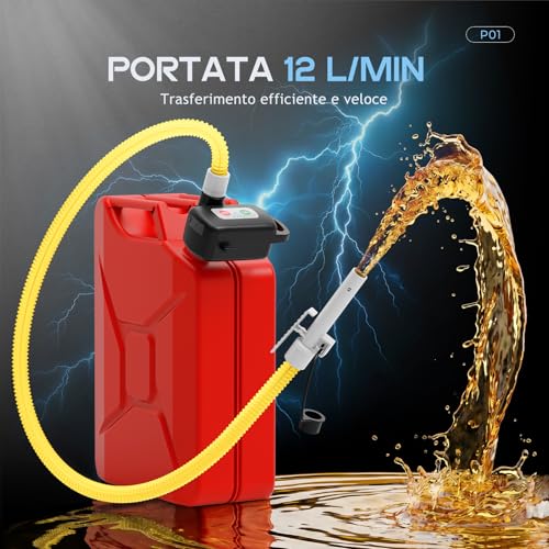 Pompa di trasferimento carburante portatile con sensore di auto-arresto, pompa diesel elettrica 12 L/min con batteria e cavo, pompa olio ricaricabile per taniche, serbatoi di carburante, tosaerba, ATV