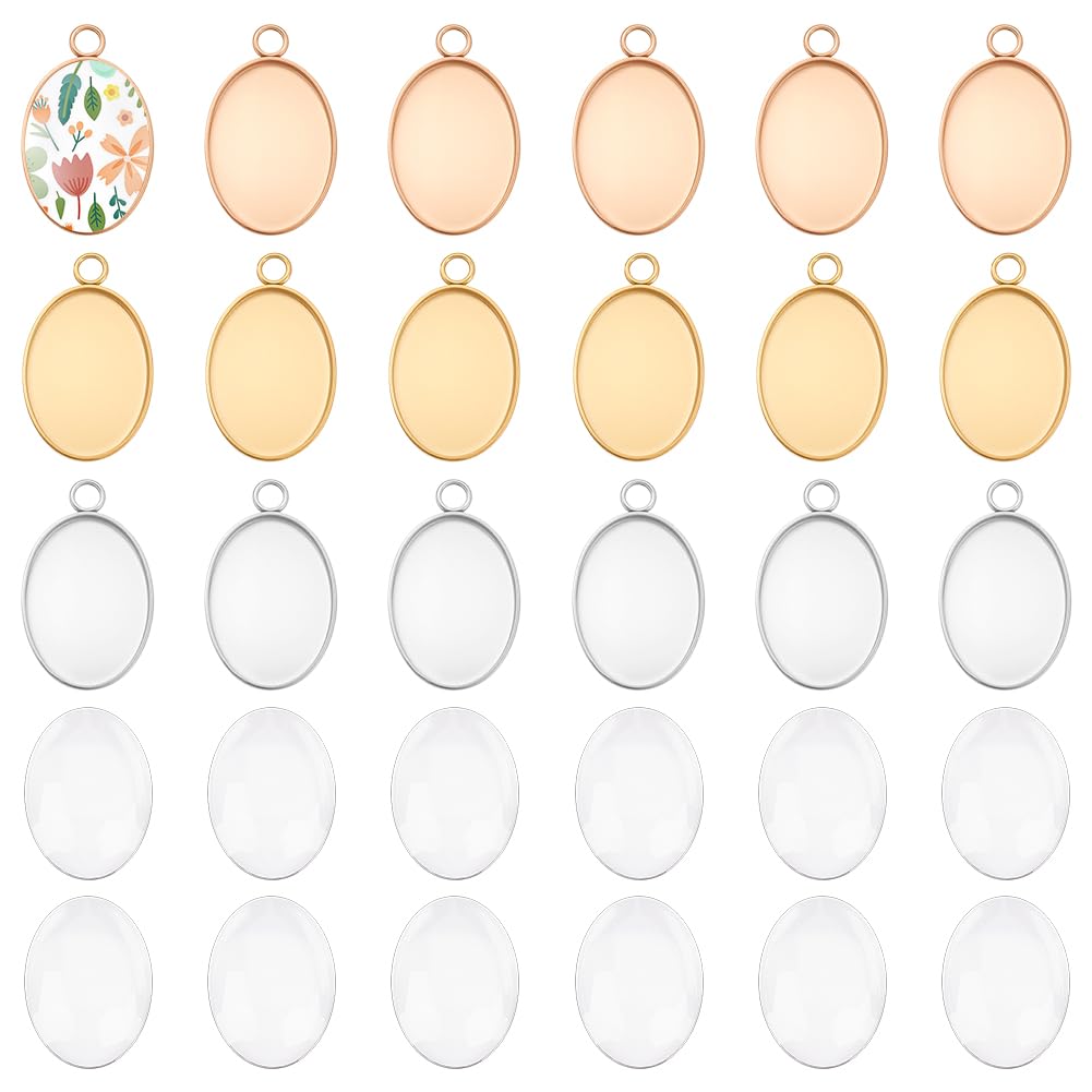 UNICRAFTALE about 30 Sets 3 Colors Oval Pendant Blanks with 14x10mm Clear Cabochons Stainless Steel Blank Bezel Tray Base Pendant Cabochon Settings for Jewelry Making DIY Findings